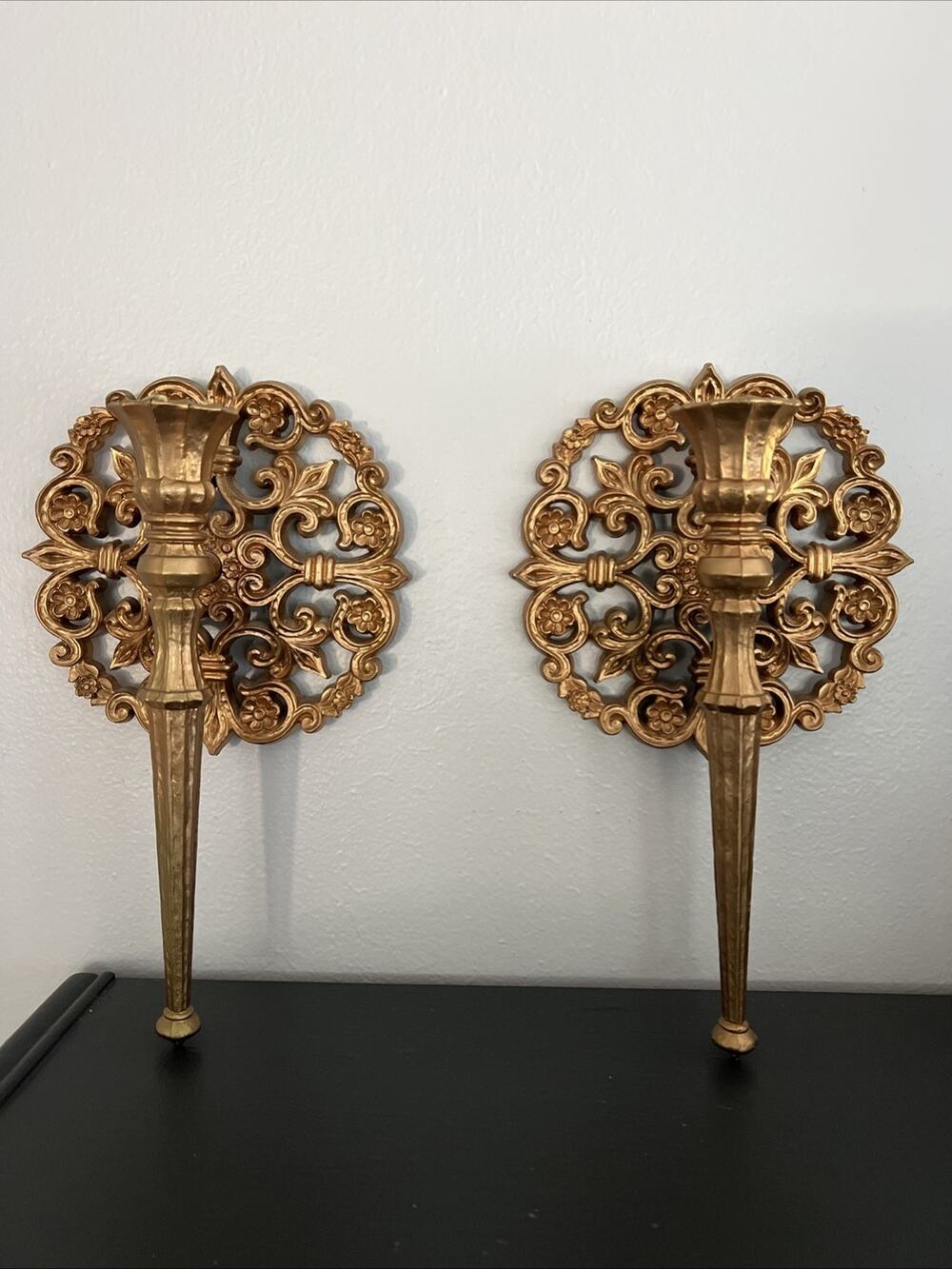 2 Vtg Homco Wall Tapered Candle Sconce Pair Gold Ornate Plastic MCM 4148 USA